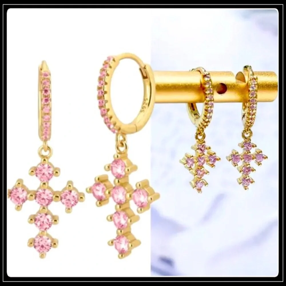 NEW 925 GOLD PINK SAPPHIRE GOD GOTH CELTICS CROSS HUGGIE EARRINGS